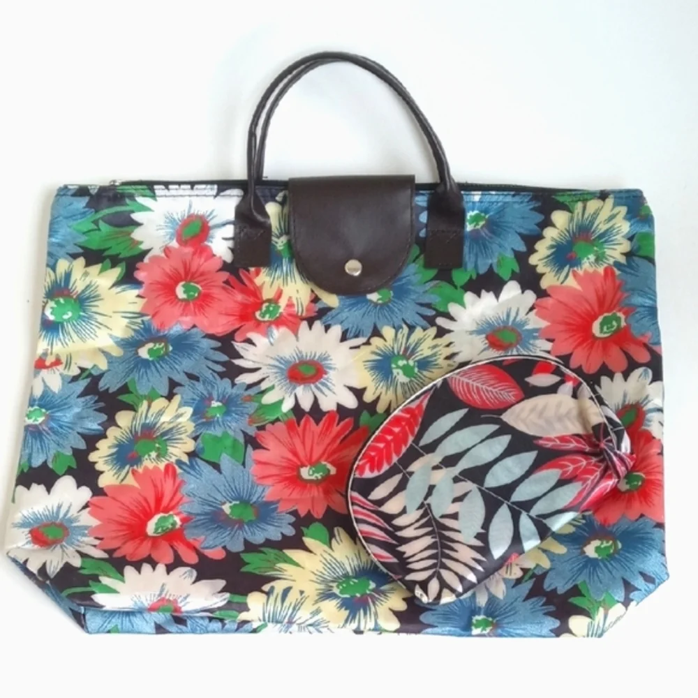 Travel Foldable Floral Vinyl Tote Bag with 3 Matching Pouches